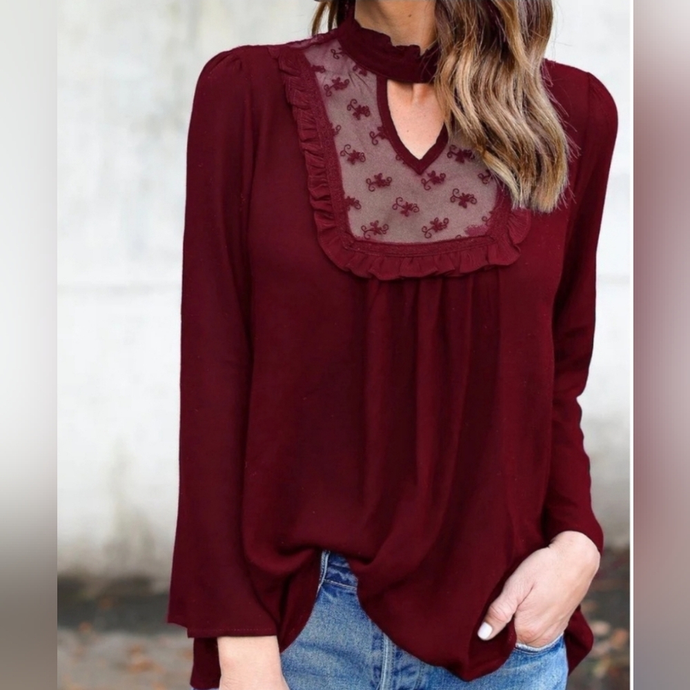 StyleDome Women's NWT Red Lacc High Neck Long Sleeve Ruffle Blouse Size Small 🐈